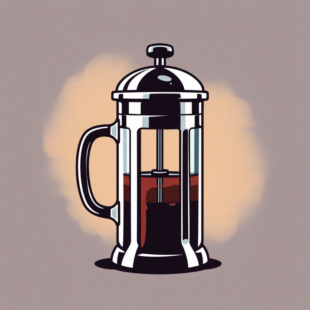 The image is an illustration of a french press coffee maker. The french press is made of glass and has a silver body with a black lid. It has a handle on the left side and a spout on the right side. The lid has a small knob on top for adjusting the temperature. Inside the french press, there is a dark brown liquid, which appears to be freshly brewed coffee. The background is a light beige color with a subtle orange glow. The overall style of the illustration is modern and minimalistic.