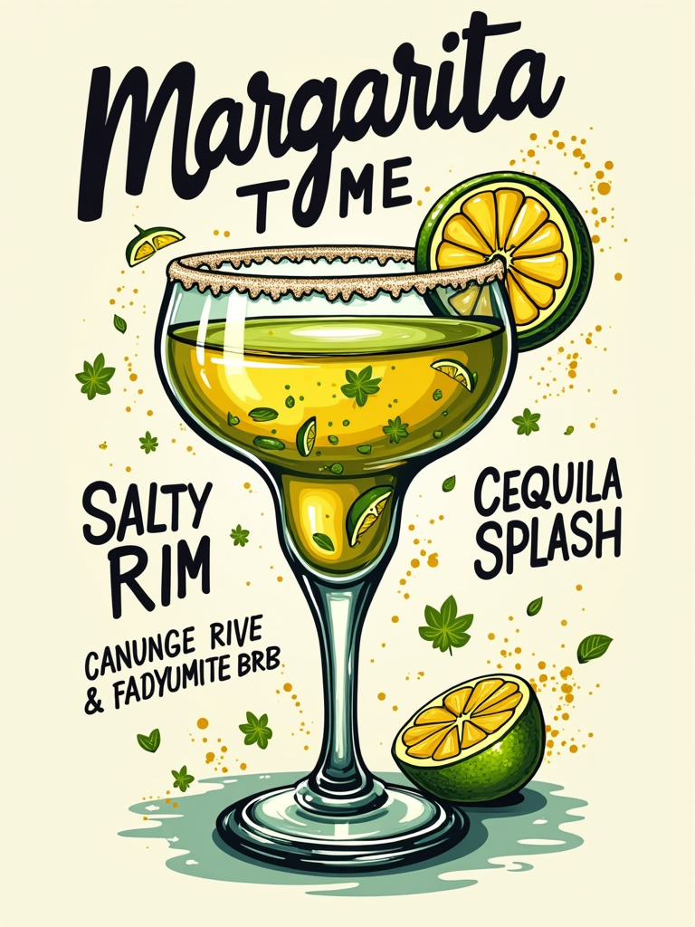 An 'Anatomy of a Margarita' design, showcasing a stylized margarita glass with clear callouts for 'SALTY RIM' (with a distinct texture), 'CITRUS SPLASH' (depicting dynamic lime/lemon wedges and liquid splashing), and perhaps a 'TEQUILA HEART' element within the drink. The text 'Margarita Time' would be prominently featured, with 'Cinco de Mayo' as a secondary element.