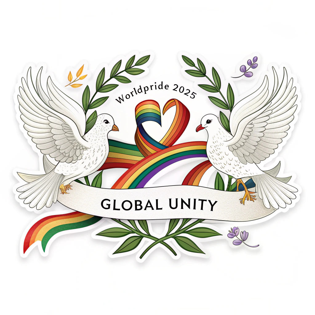 A sticker featuring the WorldPride 2025 Emblem accompanied by stylized white doves carrying rainbow ribbons or olive branches, incorporating the text 'Global Unity' in an elegant script, emphasizing peace and worldwide solidarity.