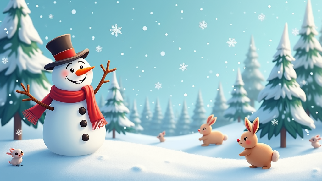 The image shows a snowman with a top hat and scarf standing in the middle of a snowy forest, surrounded by trees covered in a blanket of snow. The sky is a bright blue with white snowflakes falling from the sky, and there are a few rabbits in the foreground. The image is animated, giving it a festive feel.