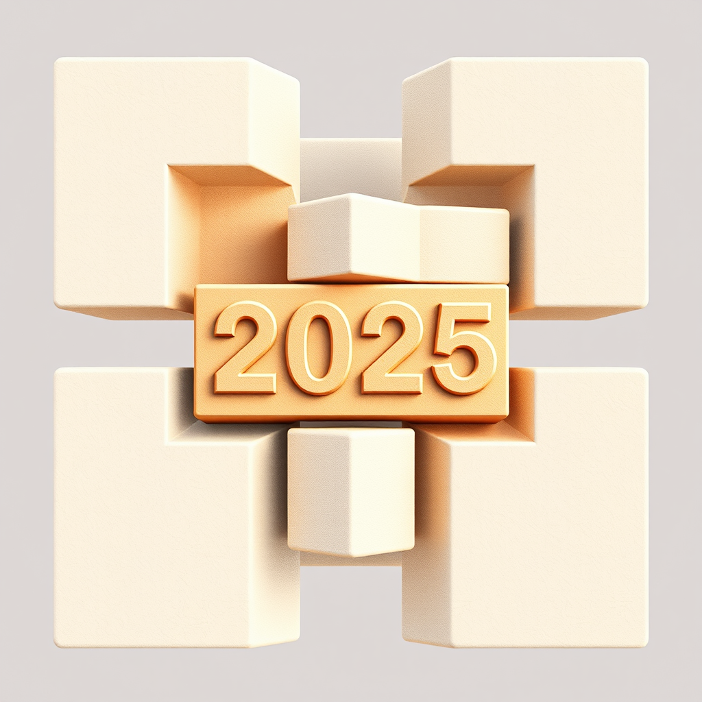 Sub-Design Idea 2 (Interlocking Geometric Forms): Clean, minimalist geometric shapes (cubes, prisms) interlocking to form a cohesive, dynamic structure. The year '2025' could be embossed or debossed on one of the block faces or formed by the negative space between blocks.