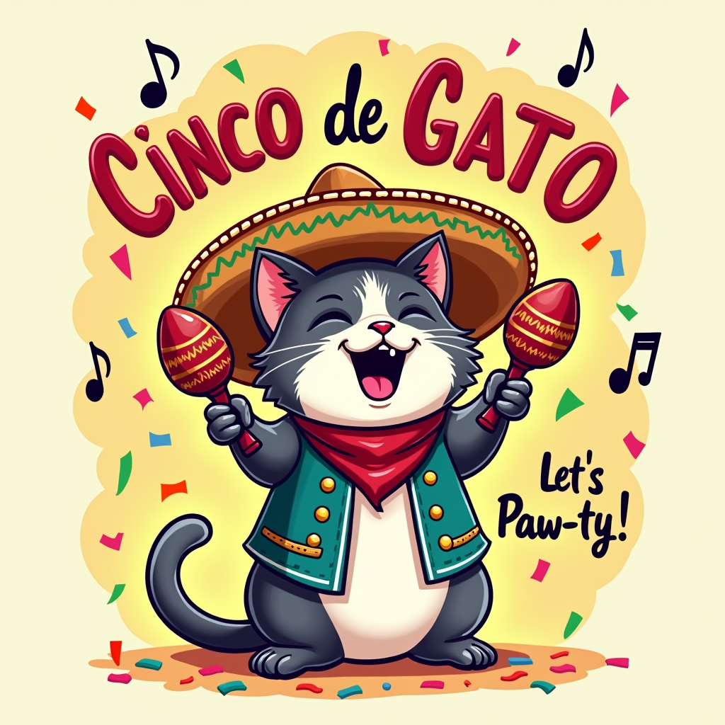 Mariachi Fiesta Cat: A joyful cat wearing a sombrero and a small charro-style vest, enthusiastically playing maracas with vibrant musical notes and confetti around. Text: 'Cinco de Gato: Let's Paw-ty!'