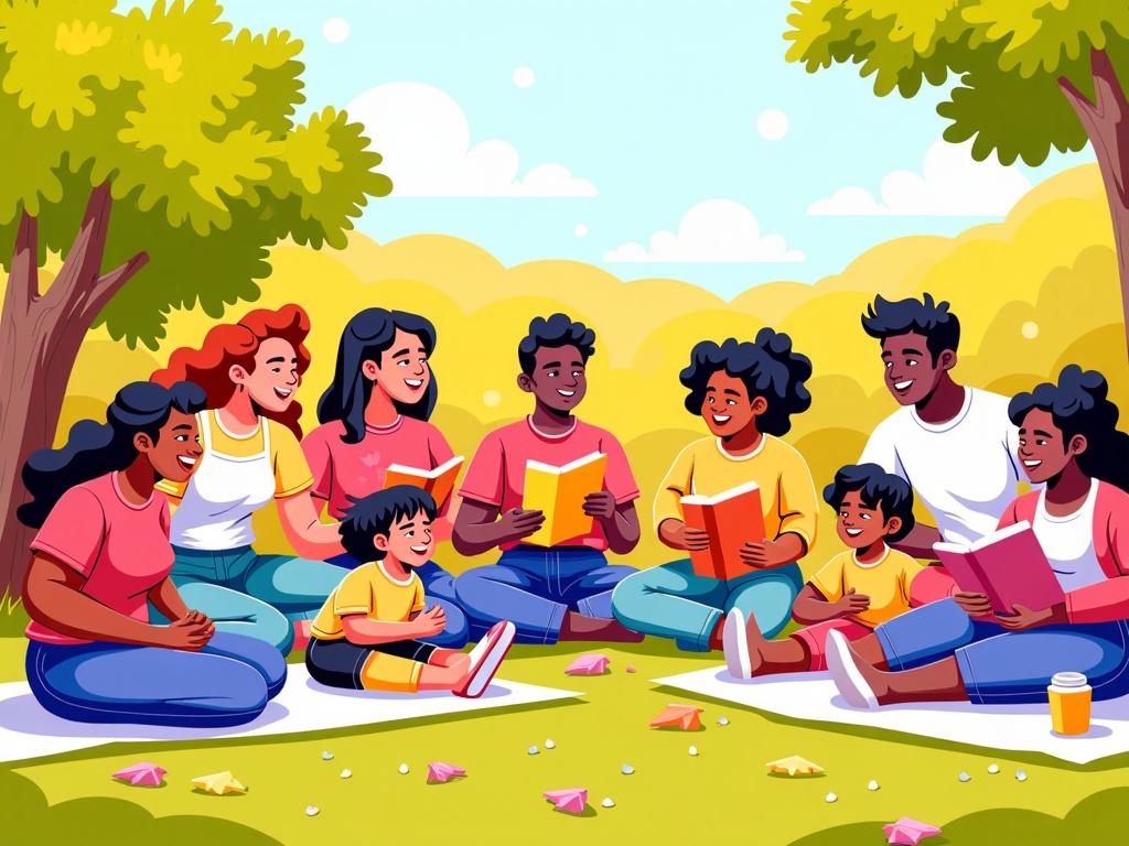  a group of young people sitting on a blanket in a park. They are all smiling and reading books together. There are nine people in total, six adults and three children. The adults are sitting on the blanket, while the children are sitting in front of them. The background shows trees and a blue sky with white clouds. The ground is covered in green grass and there are fallen leaves scattered around. The overall mood of the image is happy and relaxed.