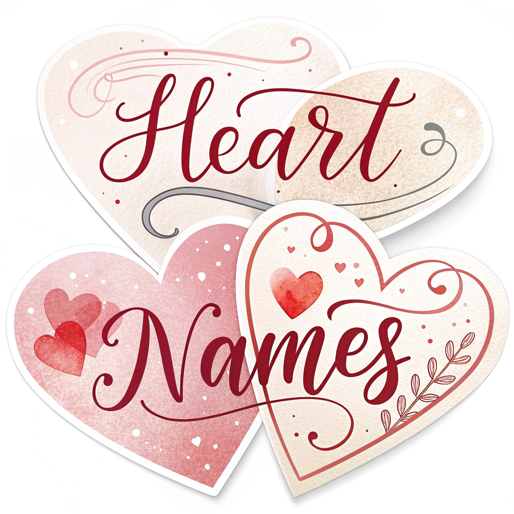 Heart-shaped stickers with the name in elegant cursive.