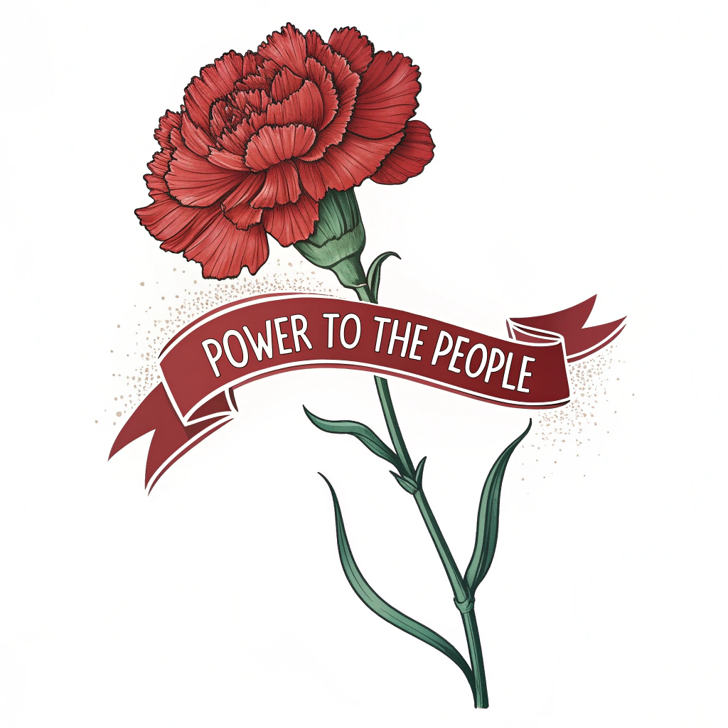 Simple Sticker Idea: A single, stylized red carnation as the dominant visual. The phrase 'Power to the People' is concisely integrated, perhaps wrapped around the stem or placed in a small, clear font directly beside the flower head. Focus on immediate recognizability and impact for a small sticker.