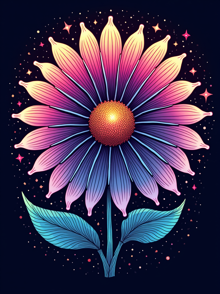 Psychedelic Bass Flower: A large, stylized daisy or lotus flower as the central element. Petals are made of vibrant, outward-rippling soundwaves or geometric patterns in psychedelic EDC colors. The word 'Basspod' is integrated into the stem or center in a glitchy font.