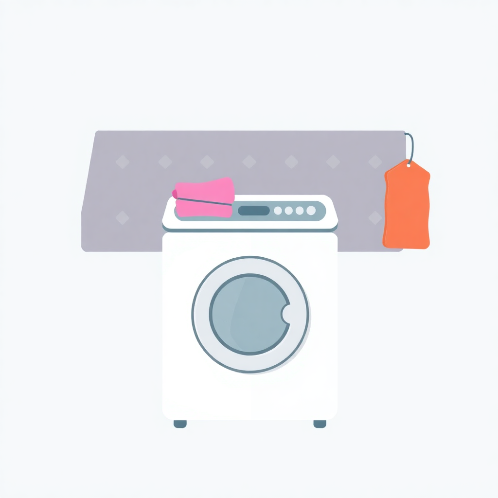 The image shows a white washing machine with a pink cloth on top of it and a tag attached to it.