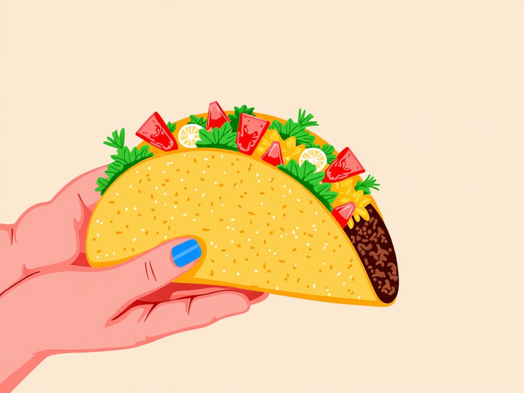 The image is an illustration of a hand holding a taco. The taco is yellow in color and appears to be freshly made. It is filled with a variety of ingredients, including lettuce, tomatoes, cheese, and other vegetables. The top of the taco is garnished with a sprig of parsley. The background is a light beige color. The hand is holding the taco with one hand and the other hand is gently cradling it.