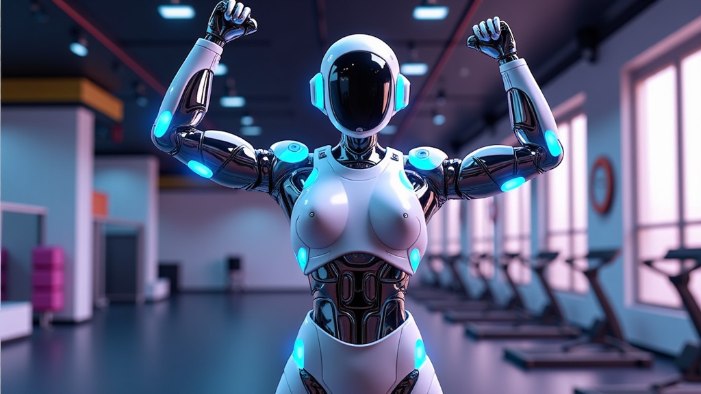  a robot standing in a gym with its arms raised in the air. The robot is white with blue accents and has a round head with a black visor. It has two arms that are raised above its head, as if it is cheering or celebrating. In the background, there are treadmills and other exercise equipment. The gym appears to be modern and well-lit, with large windows on the right side of the image.