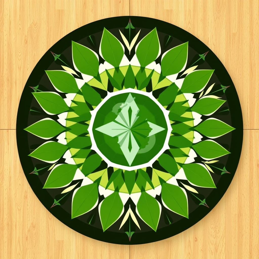 Geometric Life Cycle Mandala: A circular, mandala-like design. At its core, a simple geometric representation of Earth. Radiating outwards are symmetrical patterns formed from geometric stylizations of natural elements: leaves as rhombuses, water drops as pointed ovals, sun rays as sharp triangles, roots as branching lines. This showcases the balanced cycles of nature.