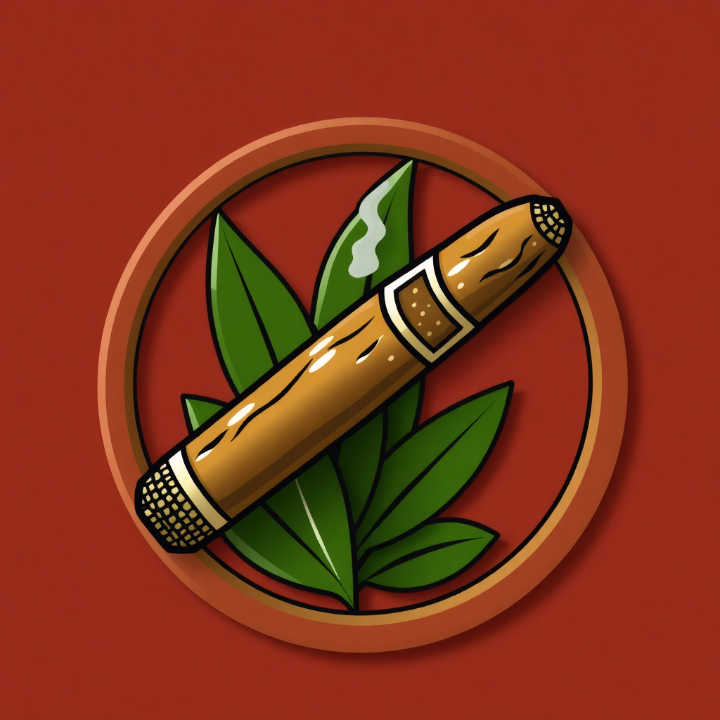 The image is a circular logo with a red background. In the center of the circle, there is an illustration of a cigar with green leaves surrounding it. The cigar is brown in color and has a cylindrical shape with a pointed end. The leaves are arranged in a symmetrical pattern around the cigar. The overall design is simple and cartoon-like.