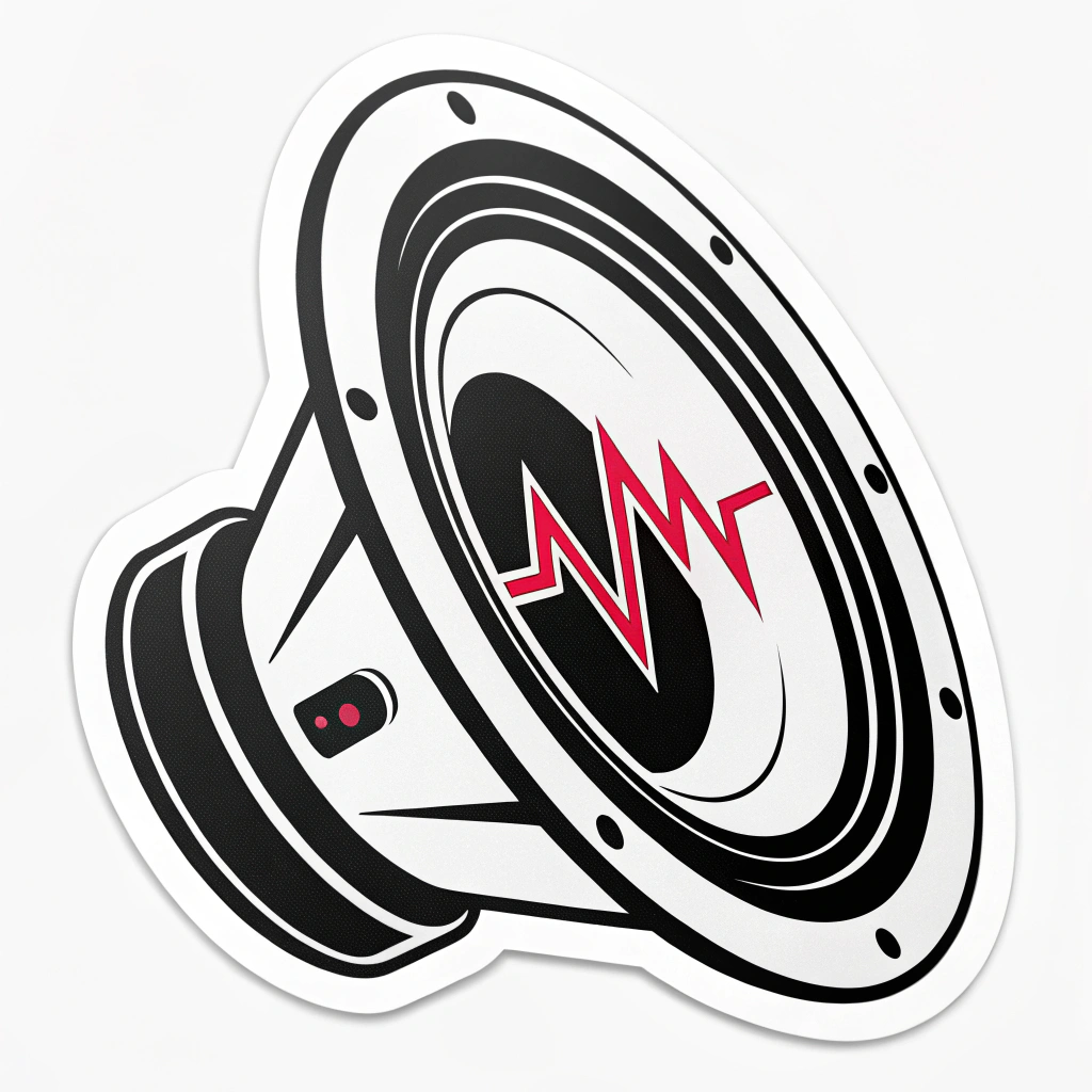 Simple Icon Idea - Subwoofer Pulse: A minimalist icon sticker featuring a clean, stylized subwoofer cone silhouette from which a single, bold sound wave (e.g., a prominent sine wave or a sharp zig-zag representing a bass drop) emanates. Designed for high contrast, such as a single vibrant neon color on a stark black or dark background.