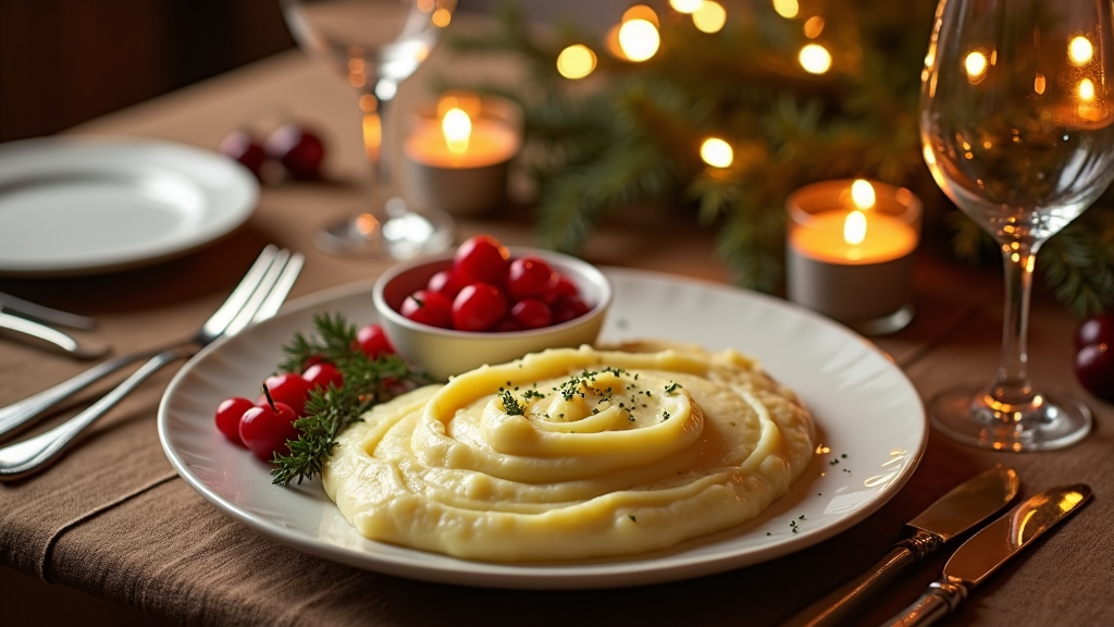 An appealing holiday dinner setup, featuring perfectly swirled mashed potatoes with a side of festive cranberry relish.