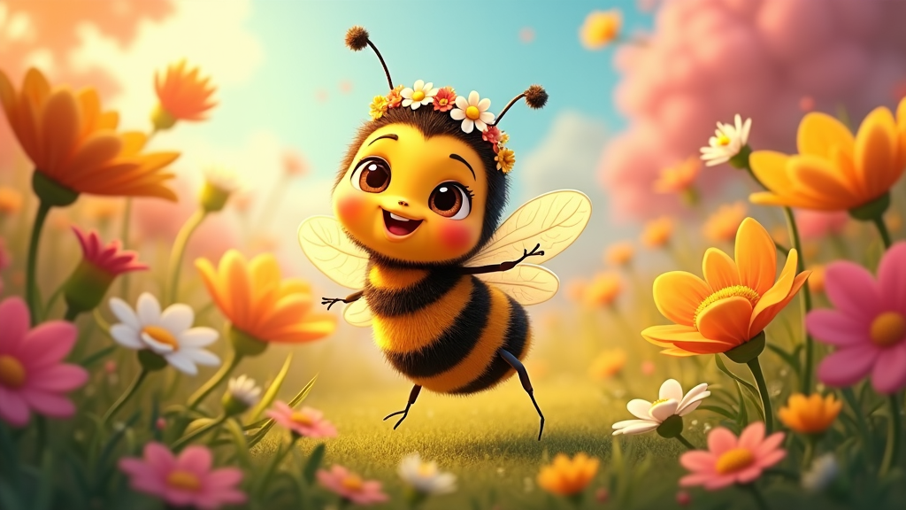 A cartoon bee in a vibrant garden, with large, twinkling eyes, enjoying a delightful dance amid swirling petals.