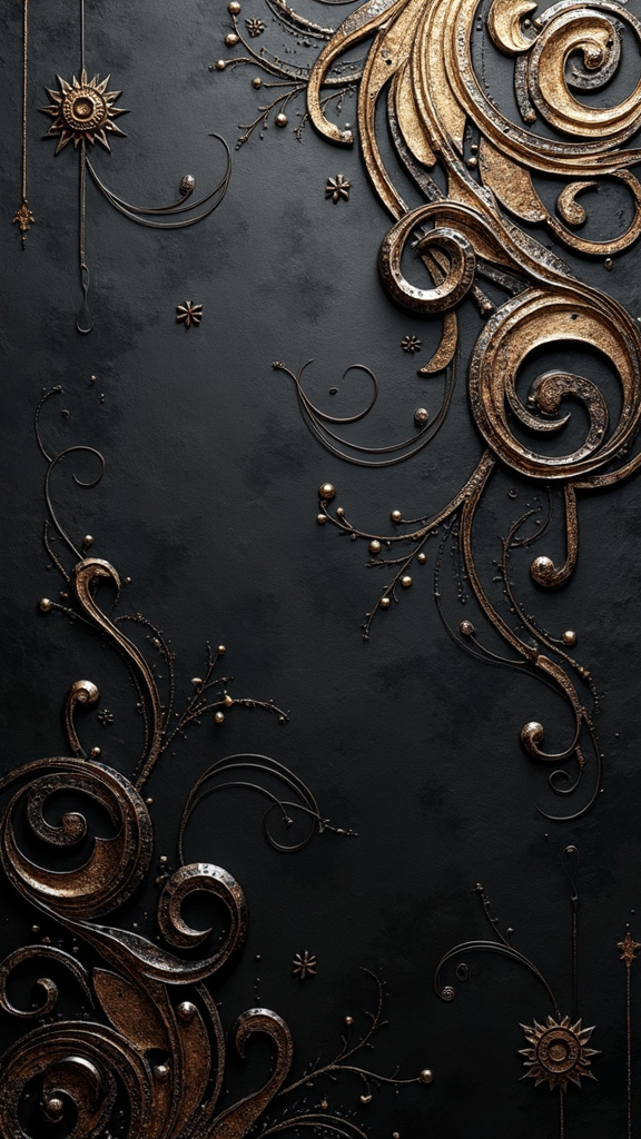 The image shows a black background with gold swirls and stars, creating a beautiful and intricate design. The gold and black colors create a stunning contrast, making the image stand out.