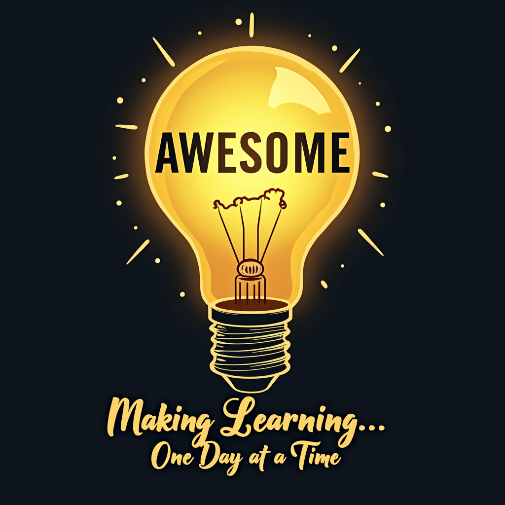 Design featuring a stylized, glowing lightbulb with 'AWESOME' creatively integrated. The phrase 'Making Learning... One Day at a Time' can be placed subtly below or around it.