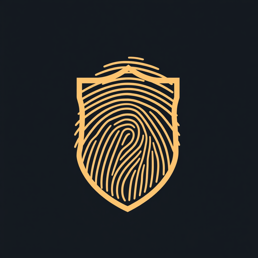 A fingerprint where the ridges morph into a stylized shield outline, symbolizing biometric protection.