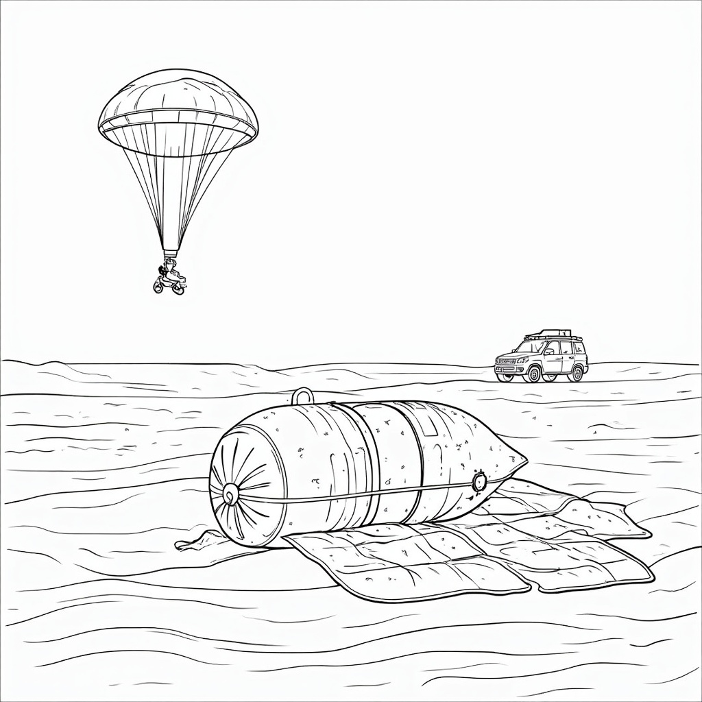 A post-landing scene: The Starliner capsule resting safely on the desert floor, airbags partially deflated, with its parachutes spread out. In the distance, a small recovery vehicle could be approaching, signifying the end of the 'Journey Home'.