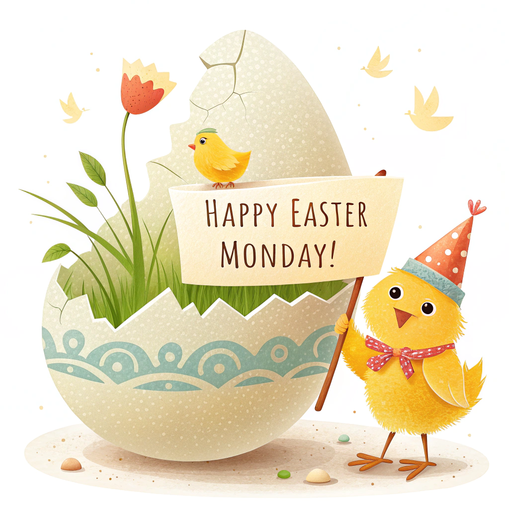 A sticker featuring a cracked Easter egg with a small chick emerging, wearing a tiny party hat and holding a banner that reads 'Happy Easter Monday!'