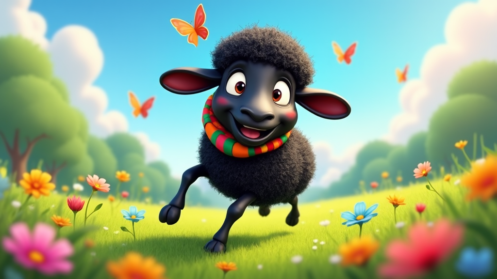 The image shows an animated black sheep running through a field of flowers and butterflies, with trees and a blue sky in the background.