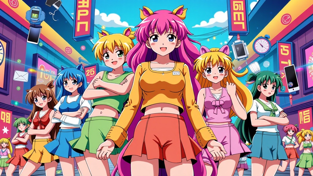 Retro Revival, Future Vision: A vibrant illustration blending late 90s/early 2000s anime aesthetics (the era of Anime Central's founding) with modern and futuristic elements, symbolizing 25 years of evolving fandom.
