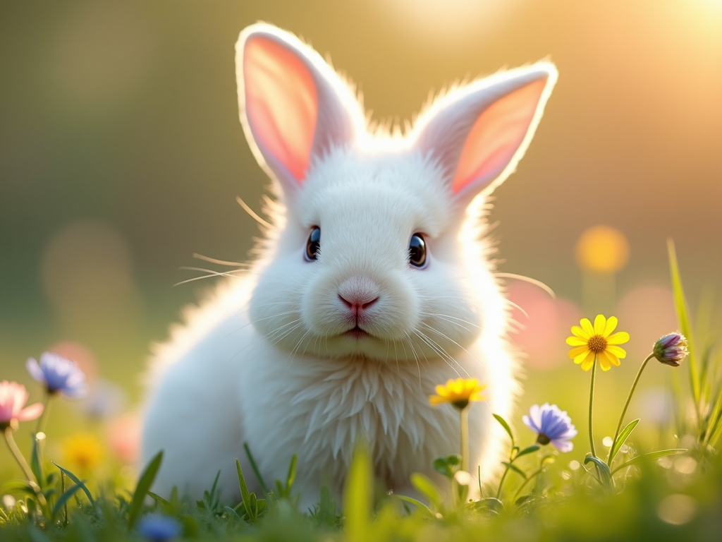 The image is a close-up of a white rabbit sitting in a field of colorful flowers. The rabbit has large pink ears and is looking directly at the camera with a curious expression. The background is blurred, but it appears to be a grassy field with more flowers and plants. The sun is shining brightly in the top right corner of the image, creating a warm glow that illuminates the rabbit's fur. The overall mood of the photo is peaceful and serene.