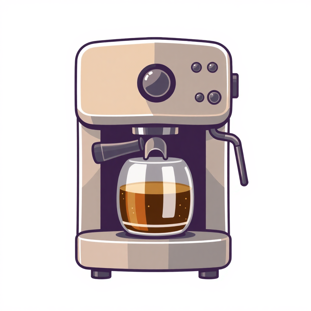 The image is a digital illustration of a coffee machine. The machine is beige in color and has a sleek and modern design. It has a large control panel on the top with various buttons and knobs for adjusting the settings. On the right side of the machine, there is a handle for pouring the coffee into a glass jar. The jar is filled with a dark brown liquid, which appears to be freshly brewed coffee. The coffee machine is sitting on a white base with four legs.