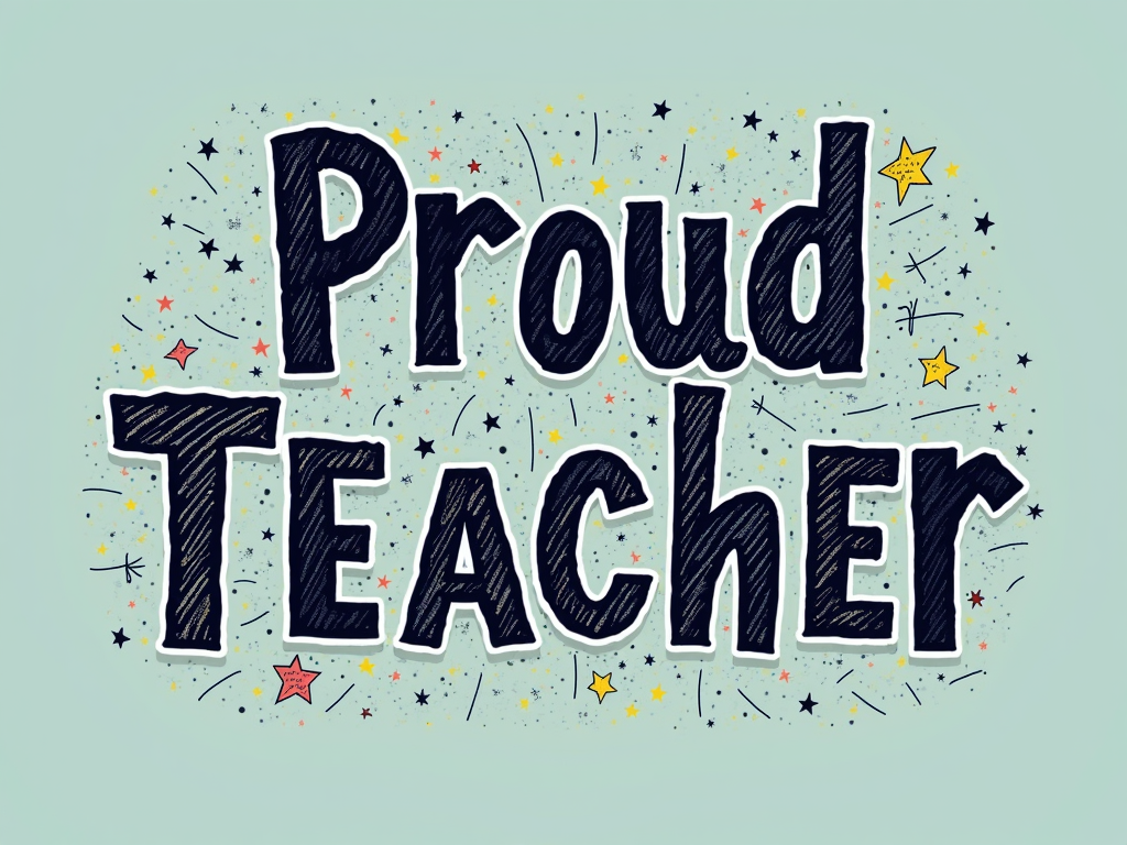 A design with 'Proud Teacher' in a bold, inspiring font. Integrated into the letters or as a background element, a subtle pattern of abstract energetic lines or scribbles signifying the 'chaos' element. A small heart or star icon could be incorporated.