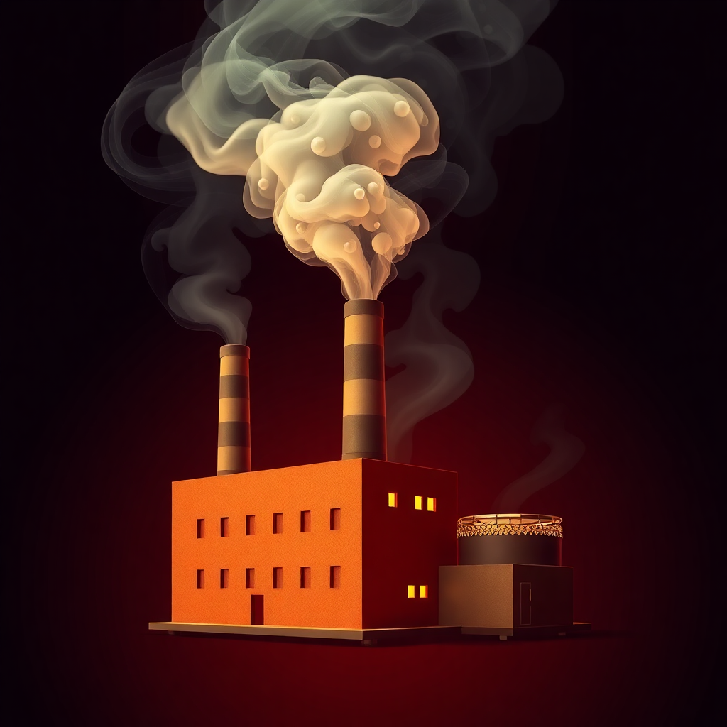 The image is a digital illustration of a factory building with two tall chimneys. The building is orange in color and has multiple windows on the front. The chimneys are tall and cylindrical, with a large amount of smoke billowing out of them. The smoke is white and appears to be rising from one of the chimneys, creating a cloud-like effect. The background is black, making the orange building stand out. On the right side of the image, there is a smaller building with a round roof and a chimney. The overall color scheme of the illustration is warm and vibrant, giving it a cozy and industrial feel.