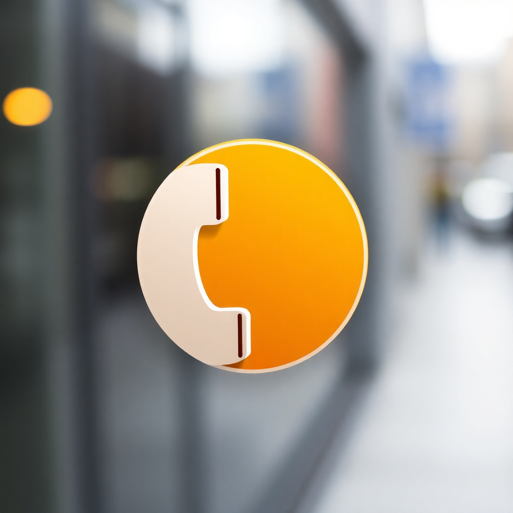 The image is a close-up of a yellow circle with a white phone icon in the center. The phone icon is in the shape of a phone receiver and is slightly tilted to the right. The background is blurred, but it appears to be a city street with buildings and cars. The image is taken from a low angle, looking up at the phone icon.