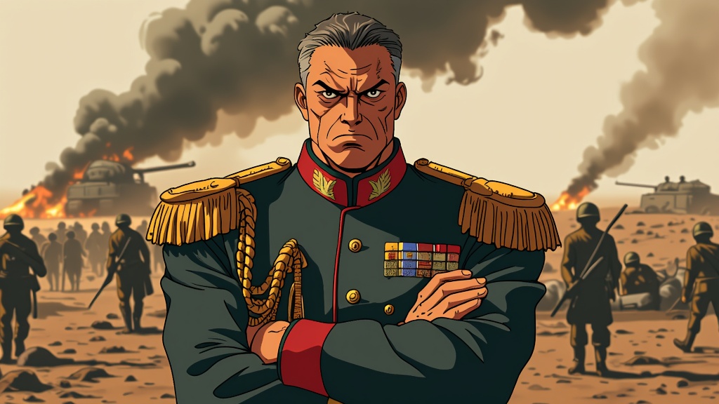 The image is an illustration of a man in a military uniform standing in front of a group of soldiers. The man appears to be in his late 40s or early 50s, with grey hair and a serious expression on his face. He is wearing a dark green military uniform with gold epaulettes and a red collar. His arms are crossed over his chest and he is looking directly at the camera.  In the background, there are several tanks and military vehicles on fire, with smoke rising up into the sky. The ground is covered in dirt and rocks, and there are a few soldiers in the distance. The overall mood of the image is tense and ominous.