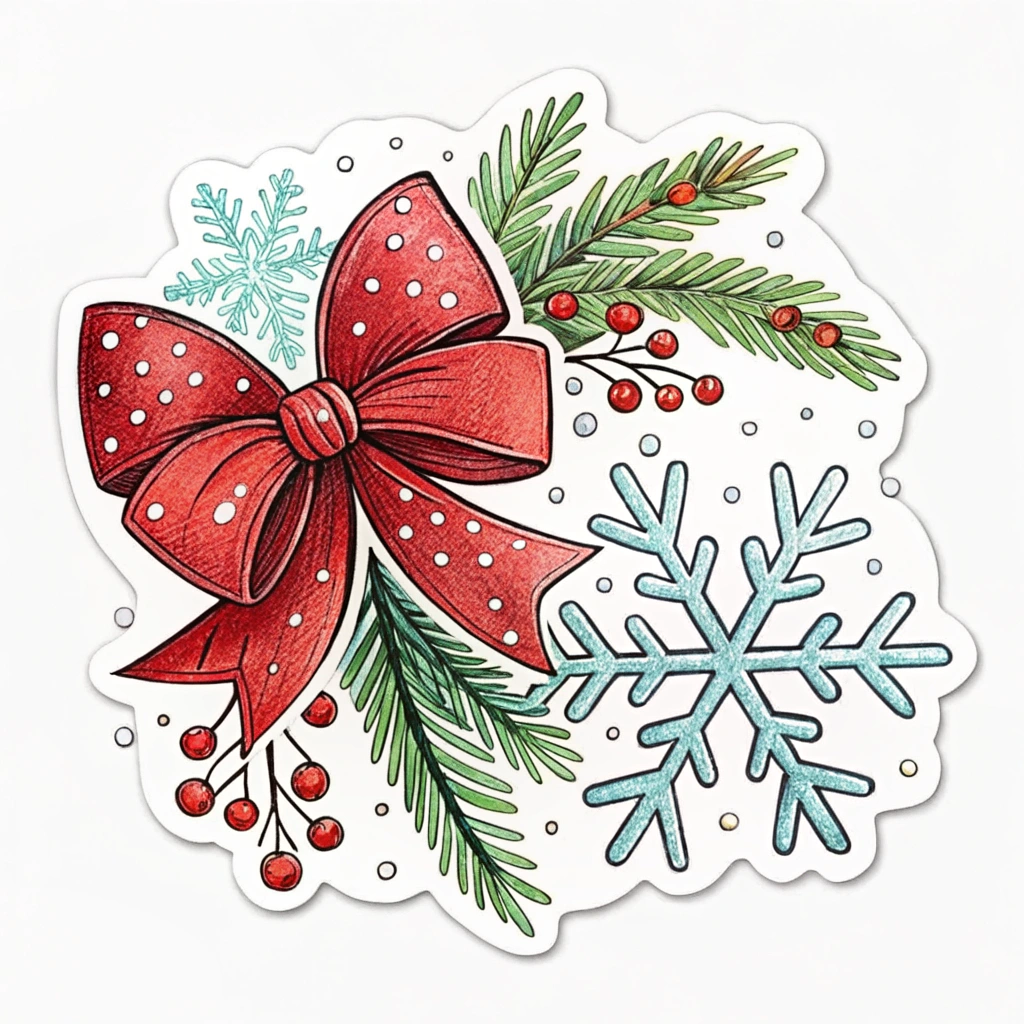 The image shows a white background with a sticker featuring a red bow and snowflakes, along with leaves and fruits, creating a festive Christmas scene.