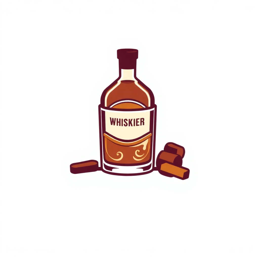 The image is an illustration of a bottle of Whiskey. The bottle is made of glass and has a red cap. The label on the bottle is white with the word Whiskier written in a cursive font in the center. The word whiskey is written in gold lettering. Next to the bottle, there are two small pieces of chocolate, one on each side. The chocolate pieces are scattered around the bottle. The background is white.