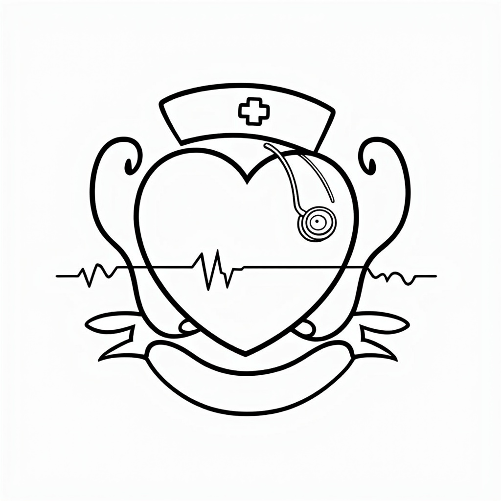 A central, large heart emblem with a classic nurse's cap perched on top. A stethoscope is draped around the heart, with its chestpiece resting near the center. The heartbeat line (ECG/EKG) flows as a decorative banner underneath or forms a subtle patterned background.