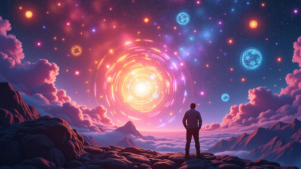 Generative art showcasing the 'birth' or awakening of a superintelligent AI, visualized as a cosmic event or an abstract explosion of data and light, impacting a futuristic civilization.
