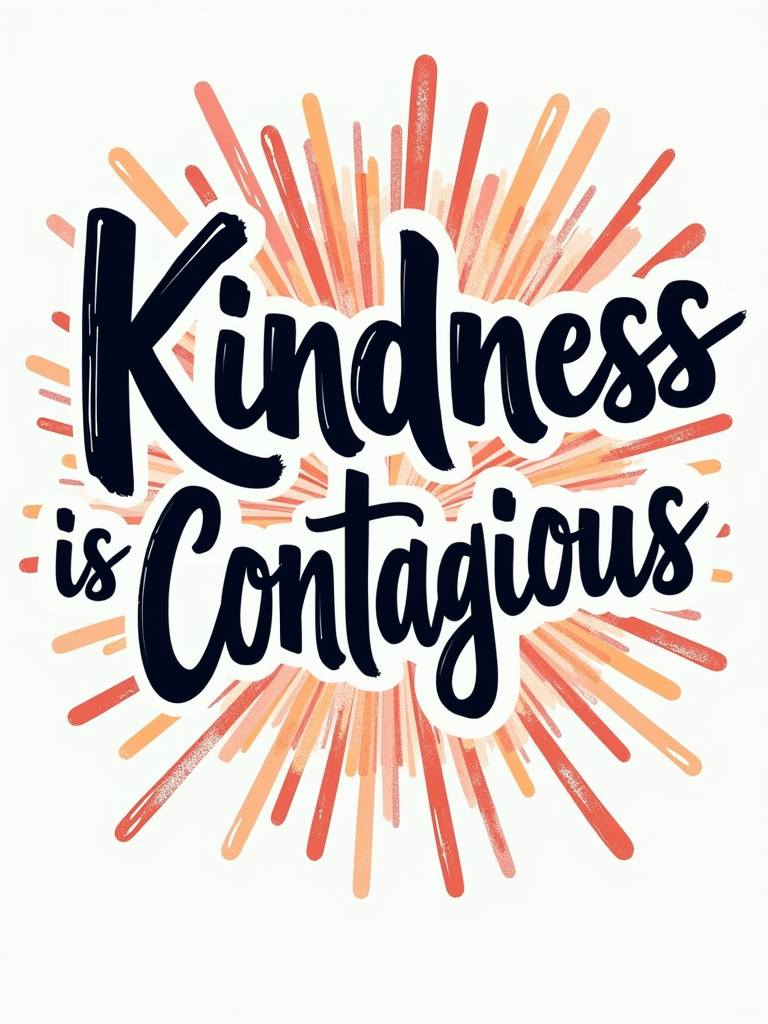 Typographic Focus: Use the phrase 'Kindness is Contagious' as the main graphic element. The word 'Contagious' could be stylized to look like it's spreading or 'infecting' the design space in a positive way, perhaps using a unique flowing or dripping font effect.