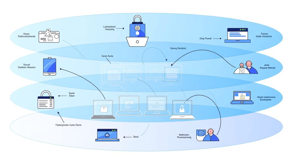 Transparent Security Layers: Visualize data or user interactions flowing through multiple, translucent, overlapping layers. Each layer subtly incorporates icons or patterns (encryption, identity, threat detection). Core data/platform elements remain safe and visible within these protective sheaths, emphasizing trust through clarity.