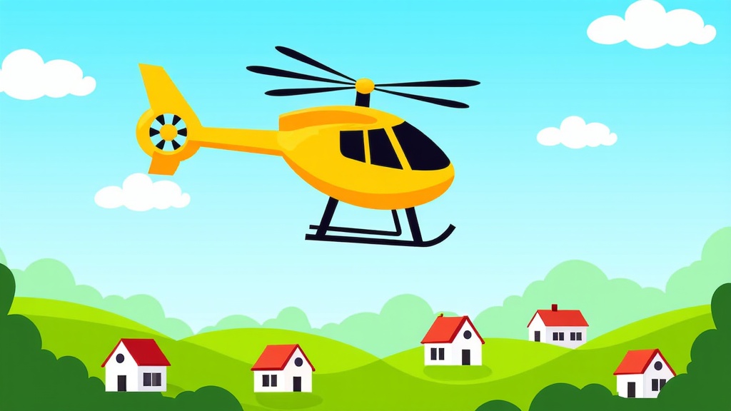  a yellow helicopter flying over a green landscape. The helicopter is in the center of the image, with its rotors spinning and its body facing towards the right side of the frame. The sky is blue with white clouds scattered across it. In the foreground, there are several small white houses with red roofs scattered across the landscape. On the left side, there is a hill with trees and bushes. The overall color scheme of the illustration is bright and cheerful.