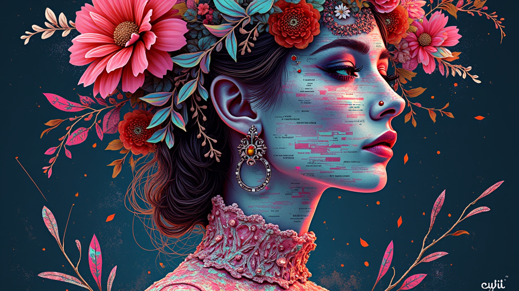 Glitch Garden Couture: Digital glitch art aesthetics—pixelation, color shifts, scan lines—fused with elegant floral or organic couture patterns. This represents the beautiful, sometimes unpredictable, creativity emerging from algorithms, under the theme 'The Algorithmic Aesthetic'.