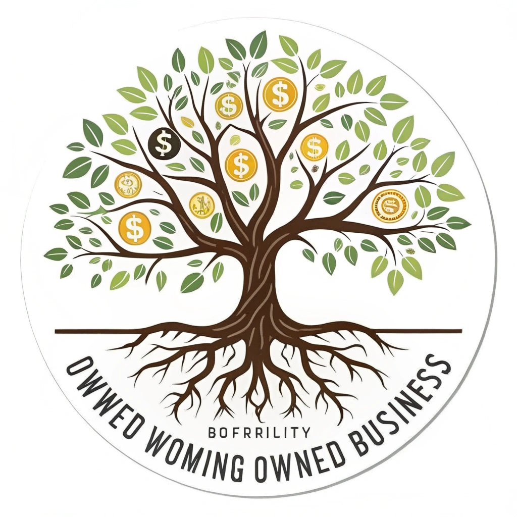 Create an icon representing a tree with deep roots and strong branches, symbolizing the growth and stability of women-owned businesses. Leaves can be shaped like coins or currency symbols to represent economic empowerment.