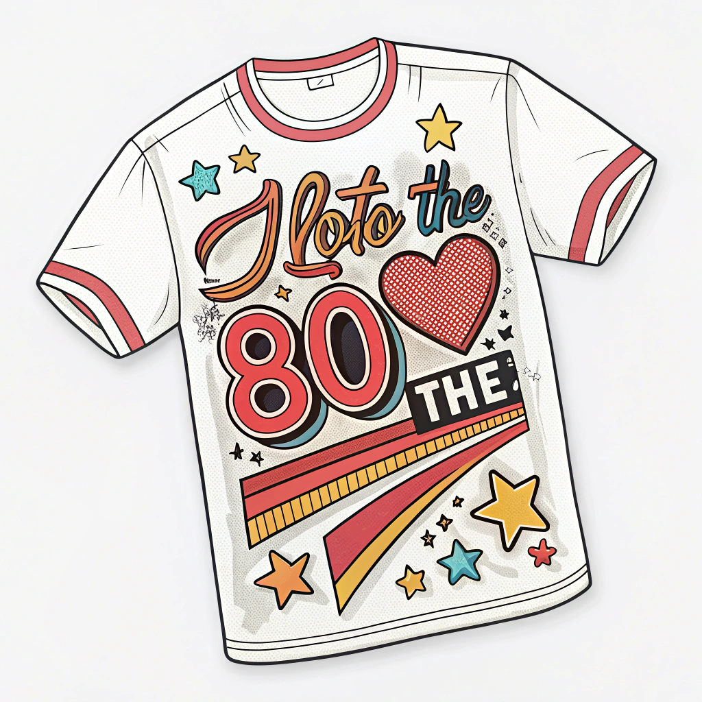 The image is of a white t-shirt with a graphic design on the front. The design features the text I love the 80s in a bold, colorful font with a red heart in the center. Surrounding the text are various elements such as stars, stripes, and a rainbow. The overall style of the design is retro and vintage.