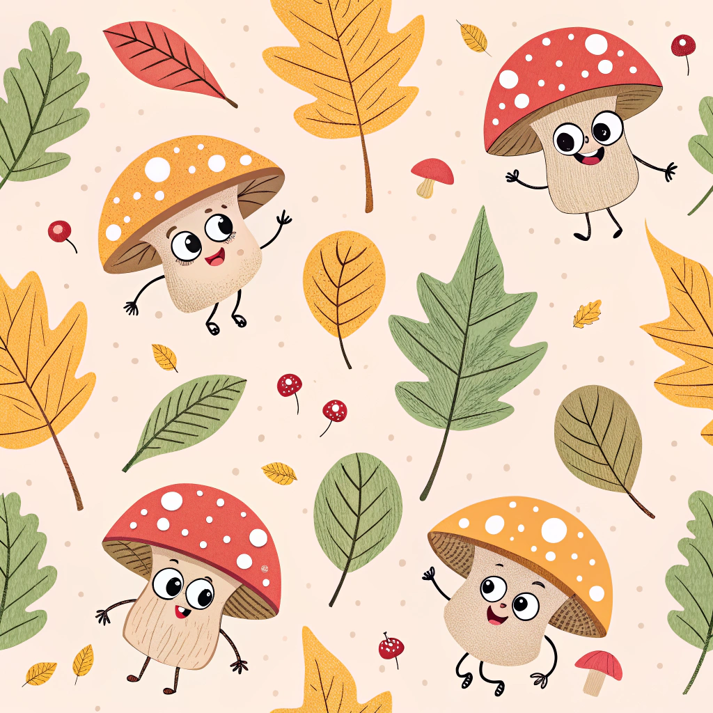 A playful pattern featuring cartoon leaves dancing with mushrooms, each characterized by exaggerated features.