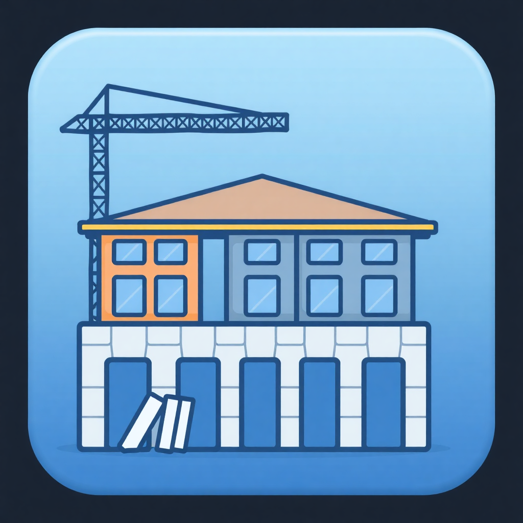 The image is a square icon with a blue background. In the center of the icon, there is a building under construction with a crane on top of it. The building is a two-story structure with a flat roof and a chimney on the left side. The crane is orange and has a long arm extending from the top. On the right side of the building, there are several windows and a door. There are also a few construction materials scattered around the building. The overall design is simple and cartoon-like.