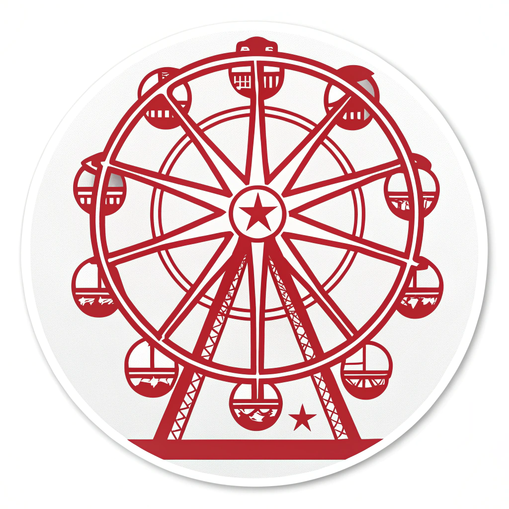 Simple Icon Concept: A stylized, highly simplified icon of the Ferris wheel using bold, clean lines. It could feature a small, iconic element like a star or a tiny lightning bolt above or within the wheel structure, all enclosed in a circle or a custom die-cut shape for a compact, emblematic sticker.