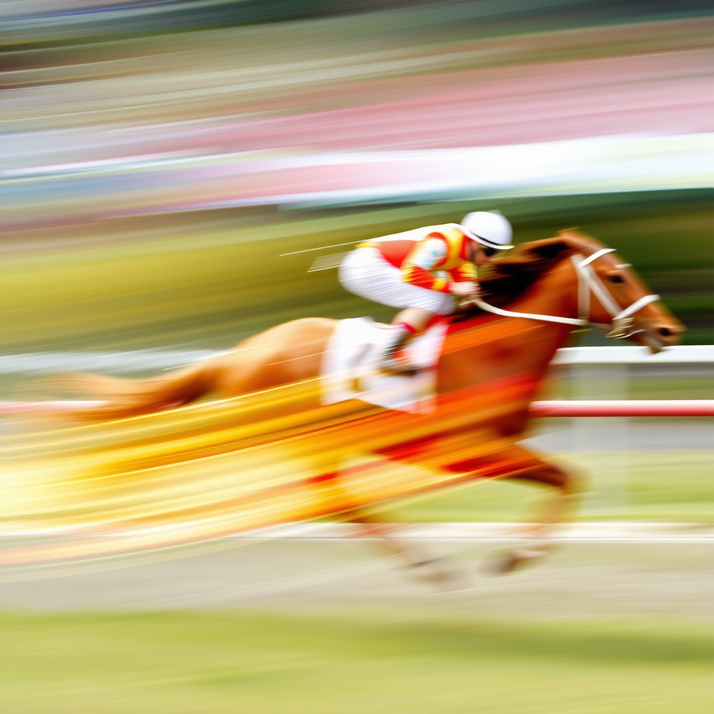 Sub-Design Idea 1: Abstract Motion Blur - Utilize streaking lines and soft-focus effects to depict a racehorse and jockey at peak speed, conveying raw energy and the thrill of motion. Incorporate Derby's iconic colors (like red, gold, white, green) in a fluid, dynamic sweep.
