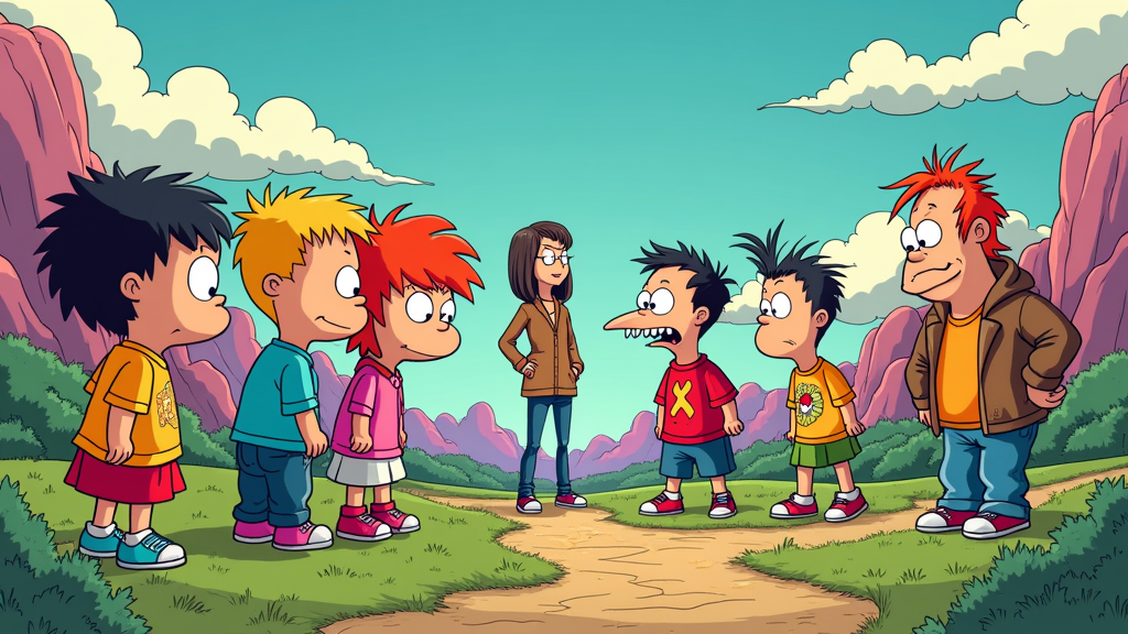 Alternate Universe Hangout: Depict characters from vastly different 90s cartoons interacting in an unexpected shared environment. For instance, the Rugrats having a playdate with the Animaniacs in a surreal landscape, or Daria Morgendorffer observing the antics of Beavis and Butt-Head from a distance.