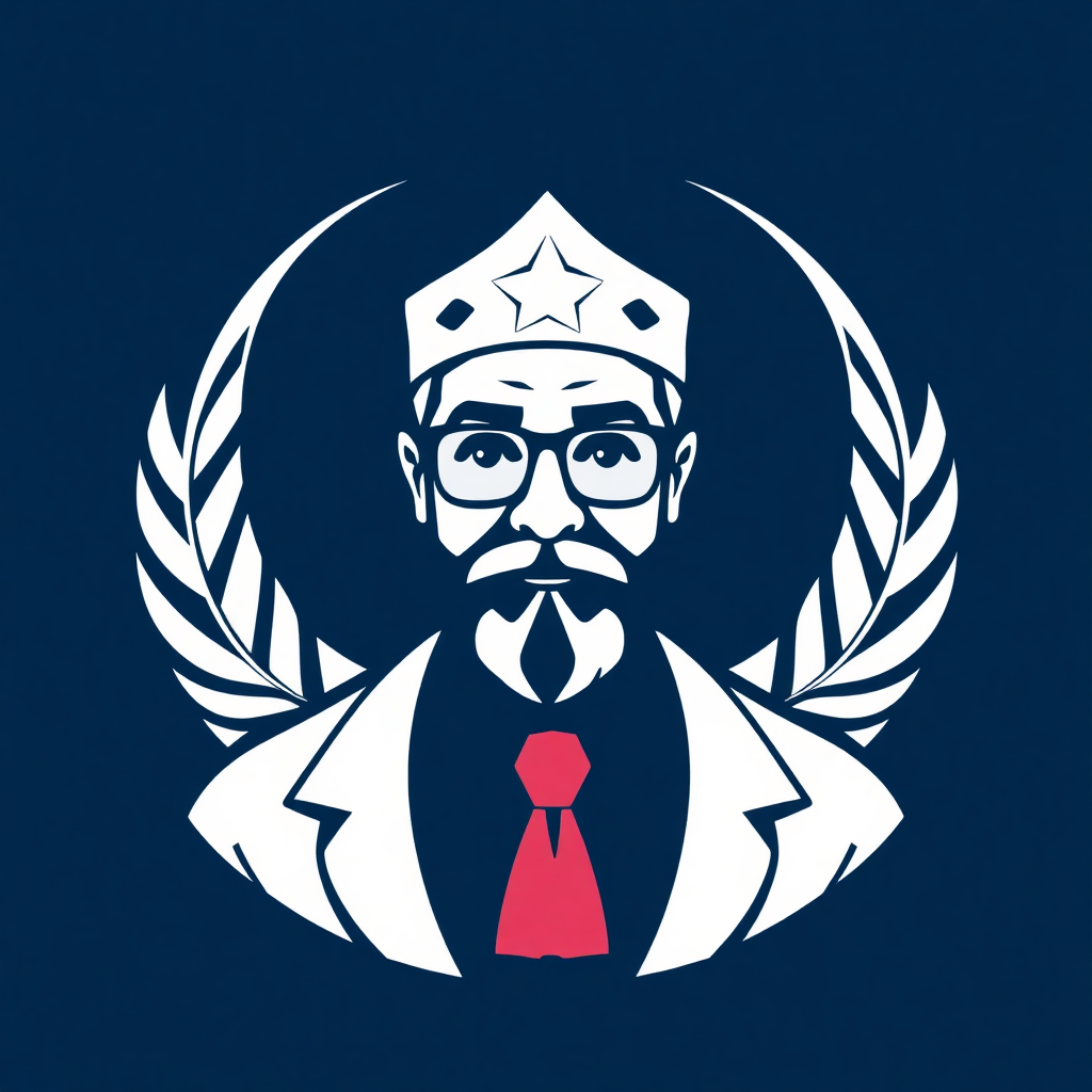 The image is a graphic illustration of a man with a beard and mustache. He is wearing a white robe and a red tie. He has a crown on his head with a star on it. The background is dark blue and there are two laurel wreaths on either side of the man's head. The man has a serious expression on his face and is looking directly at the viewer. The overall style of the illustration is simple and minimalistic.