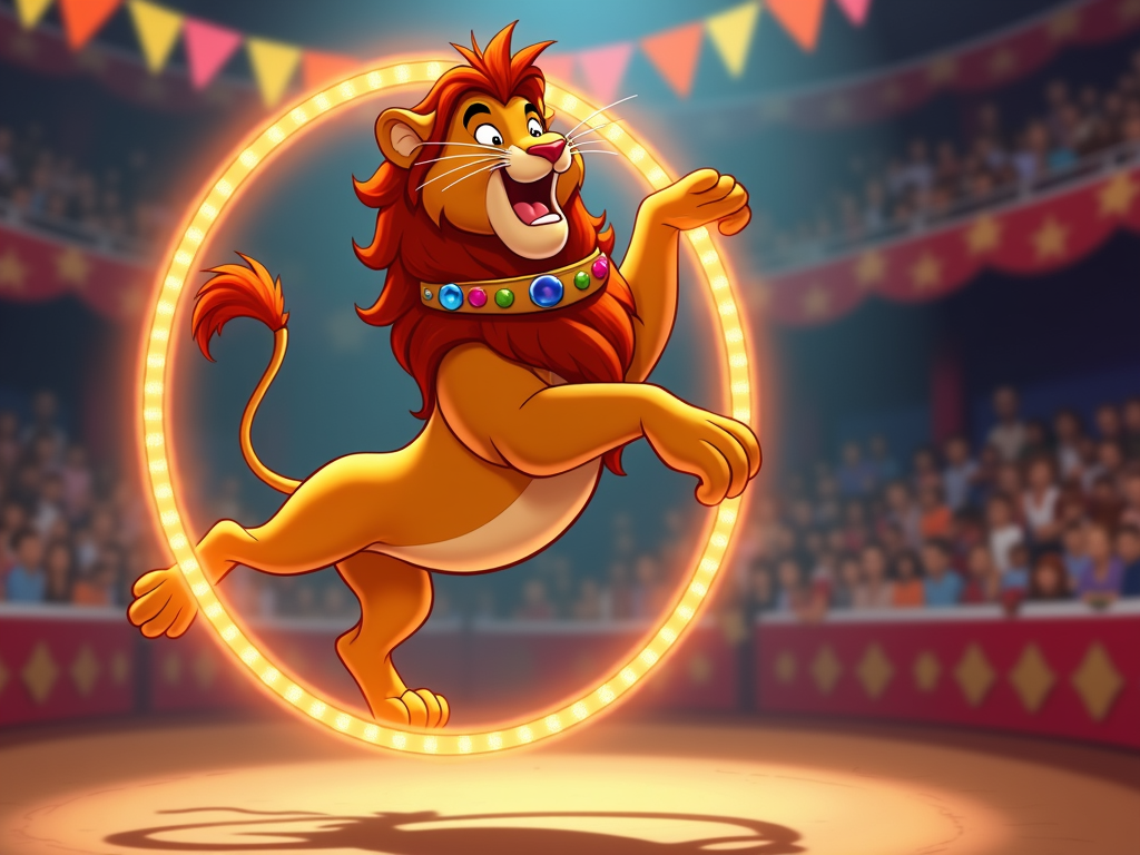 Lion jumping through a hoop.