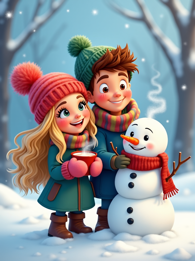 A cartoon couple bundling together on a snowy hill, wrapped in scarves and mittens, holding mugs of hot cocoa as they gaze at a snowman they built.