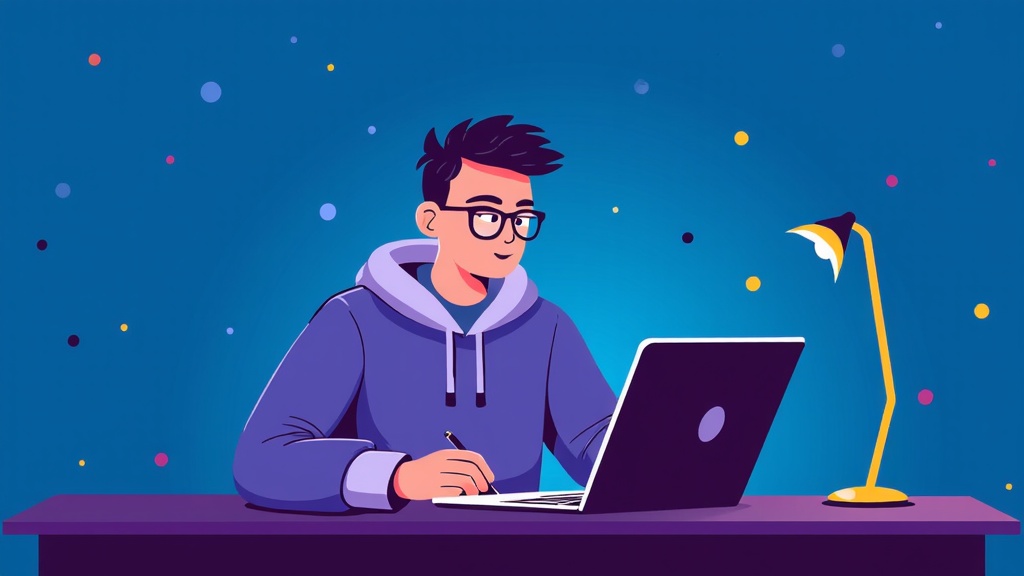 A night owl works late into the evening, the only light coming from their flat design laptop's screen. The ambient glow creates a focused environment for the dedicated task ahead.